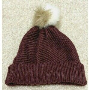 BCBG Generation Womens Burgundy Beanie Knit Hat Cap Pom Pom Faux Fur One Size